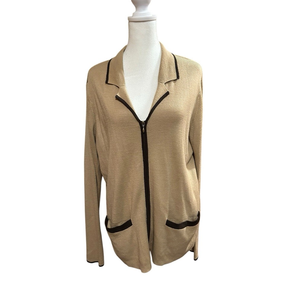 Laura Scott Size Large Full Zip Cardigan Sweater Brown Pockets Wool Blend